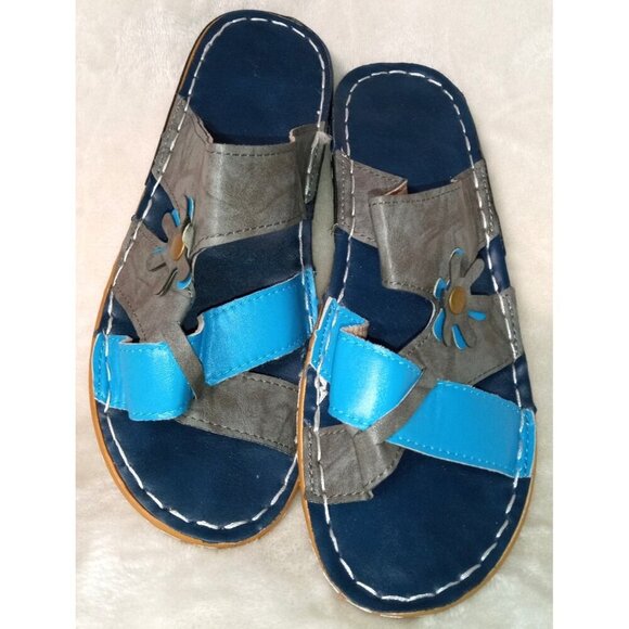 Two Pairs Multicolor Leather Sandals With Flower Detail - Women's Summer Slip- - Picture 10 of 12